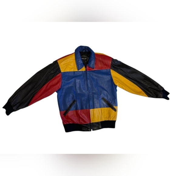 Pelle 100% Leather Bowling Jacket Colour Block Red/Yellow/Blue Size Small EUC - Picture 4 of 8